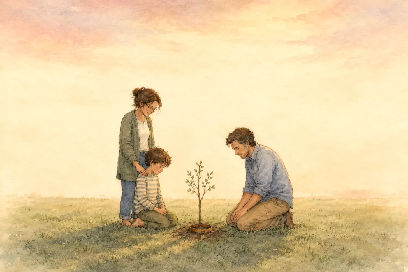 Interior spread: a family kneels in a field, planting a young tree